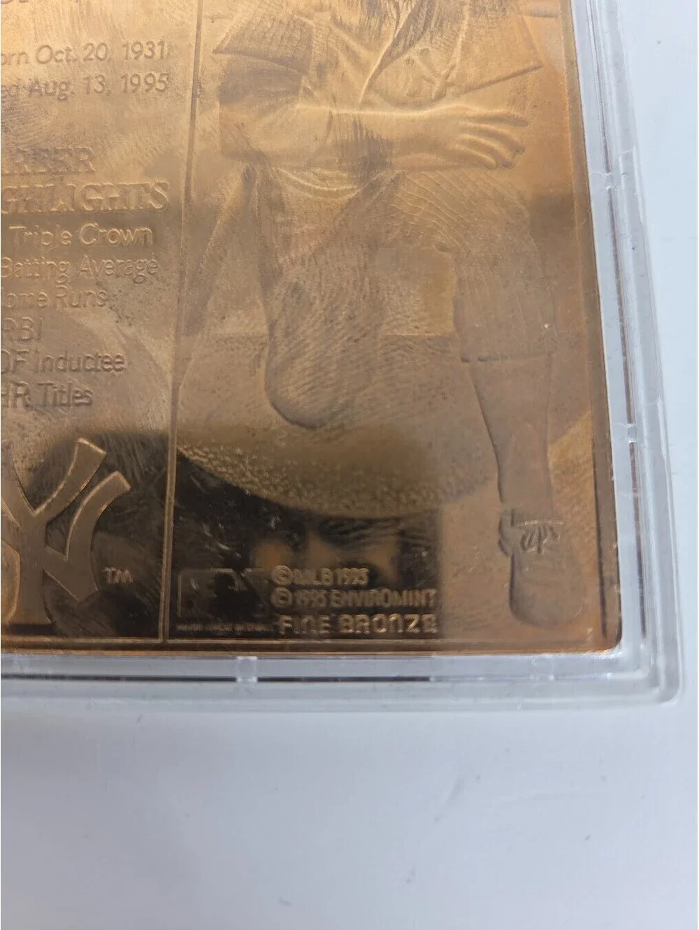 1995 EnviroMint Mickey Mantle Limited Edition Bronze Collector Card Yankees